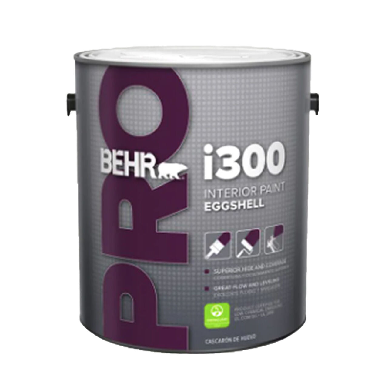 A 1 gal. can of Go Build i300 Series Interior Paint in white base with eggshell finish, labeled gray and purple with paint tool icons, highlights its professional quality and smooth finish.